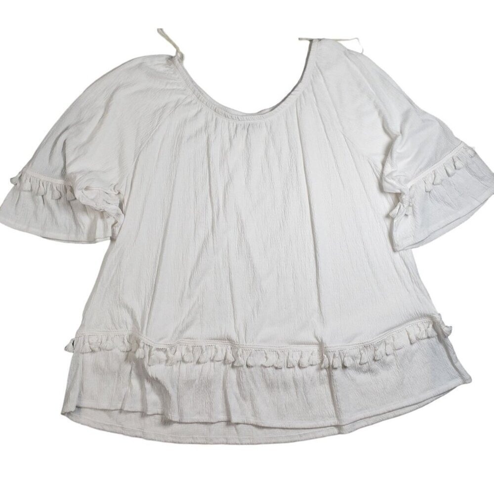 Sol + Luna Women White Gauze Tassel Trim Peasant Blouse Top 2X Boho Scoop Neck